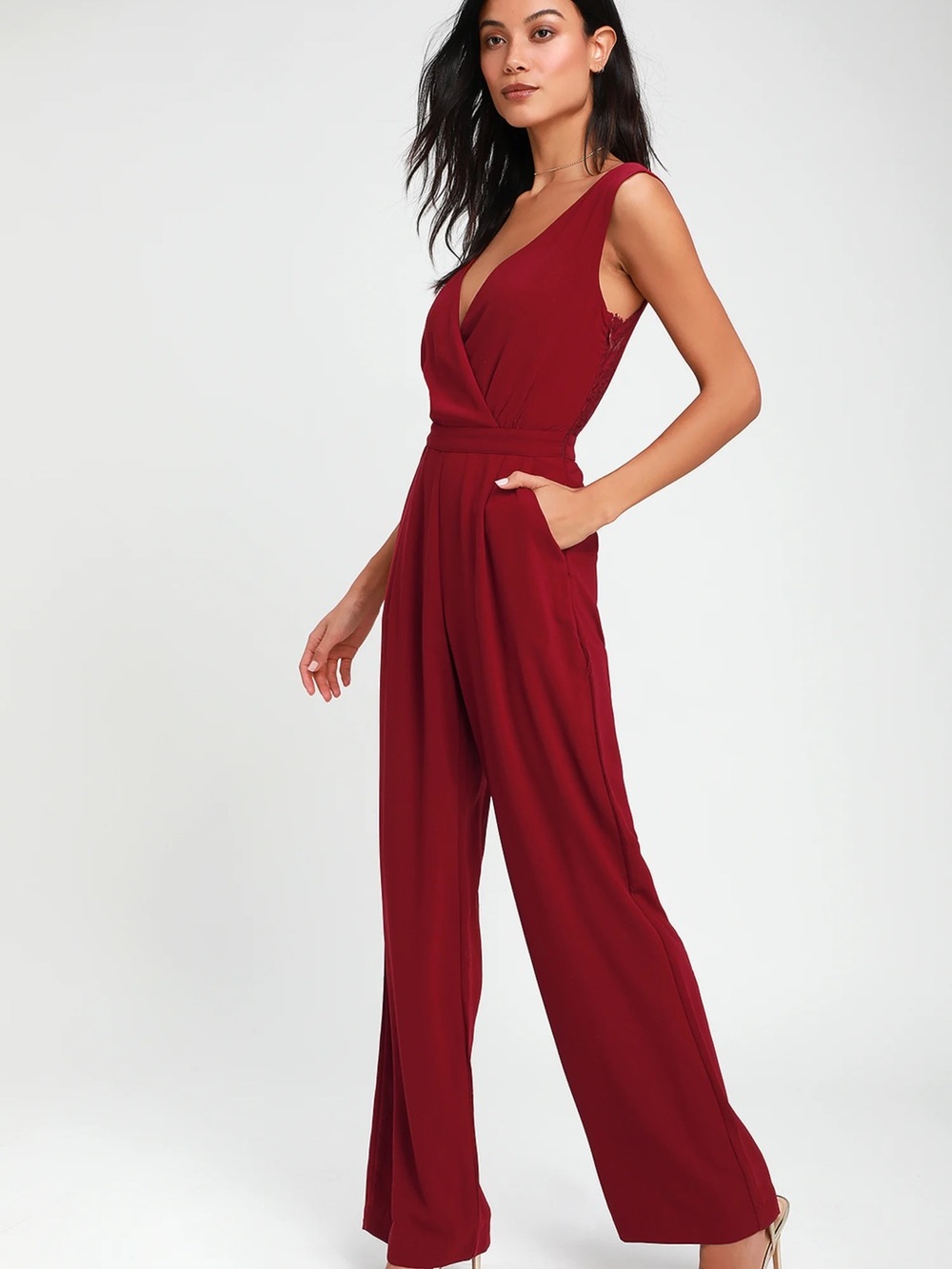 Lulu's Burgundy Sleeveless V-Neck Wide-Leg Jumpsuit